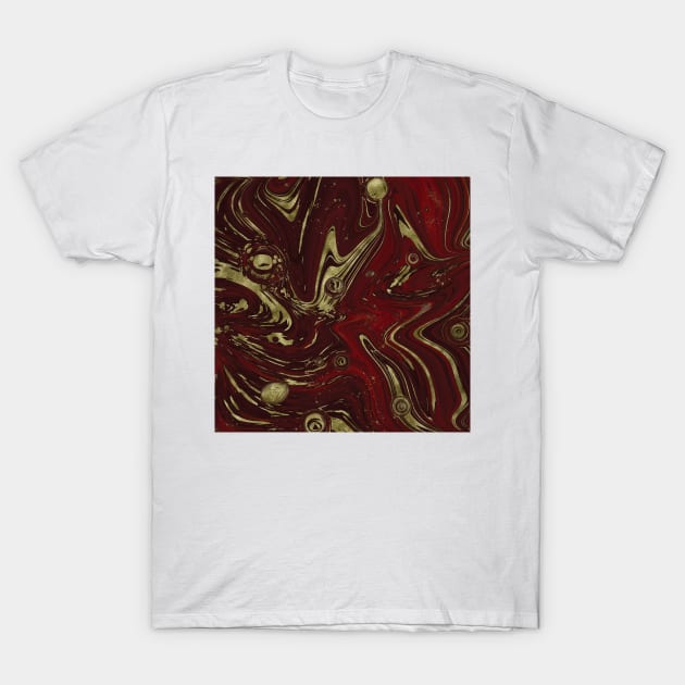 Gold Faux Glitter & Maroon Red Marble Abstract Art T-Shirt by karenmcfarland13